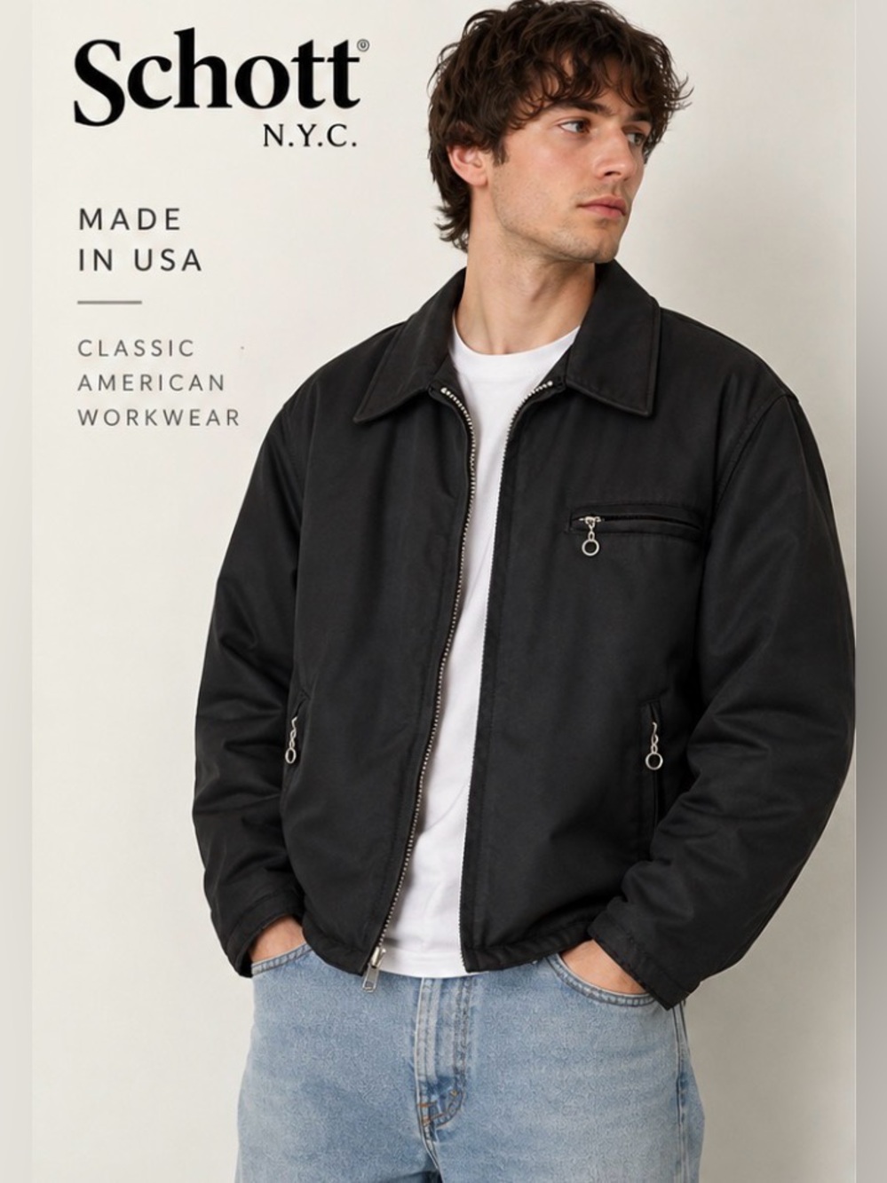 Schott NYC Men’s XL Black Workwear Jacket Made in USA Quilted Lined Zip Utility